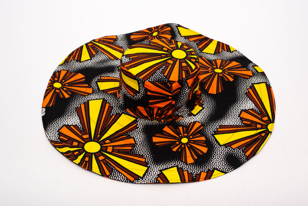 Women's Sun Protective Summer Hat Wide Brim with matching crossbody Bag Black/Yellow/Orange Colour