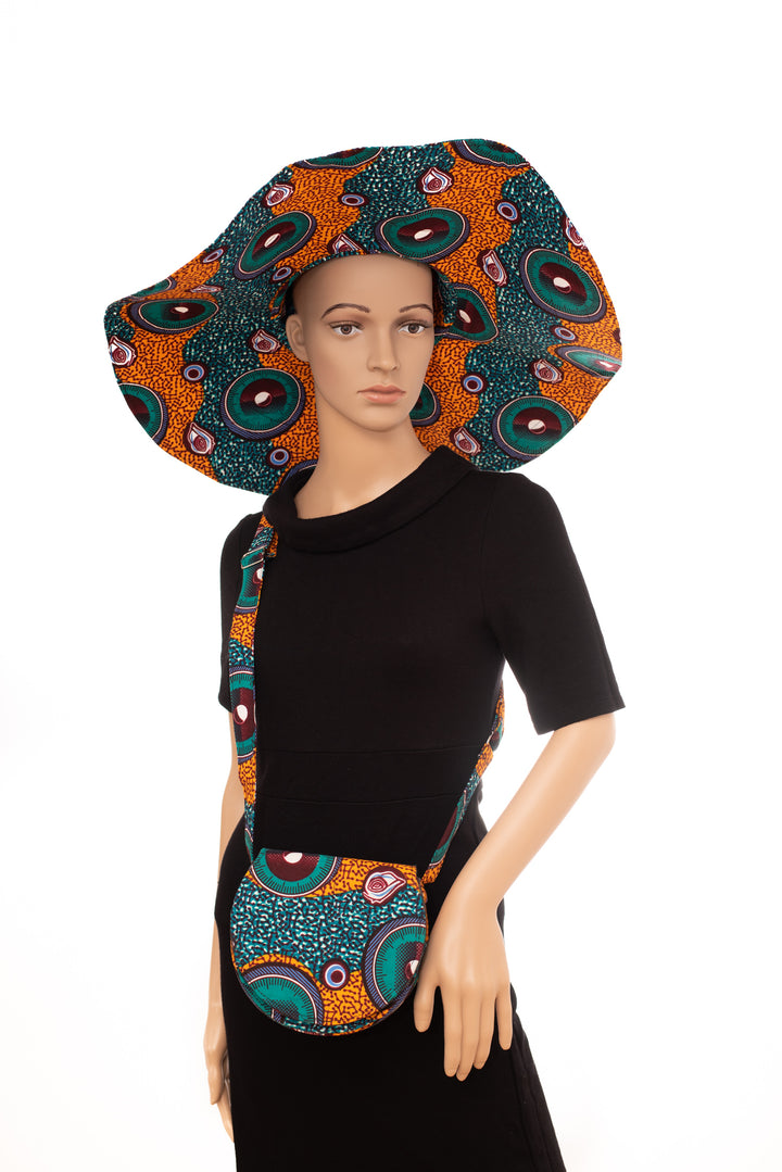 Women's Sun Protective Summer Hat Wide brim with Matching Crossbody Bag Geometric Print  Orange / Turquoise Colour