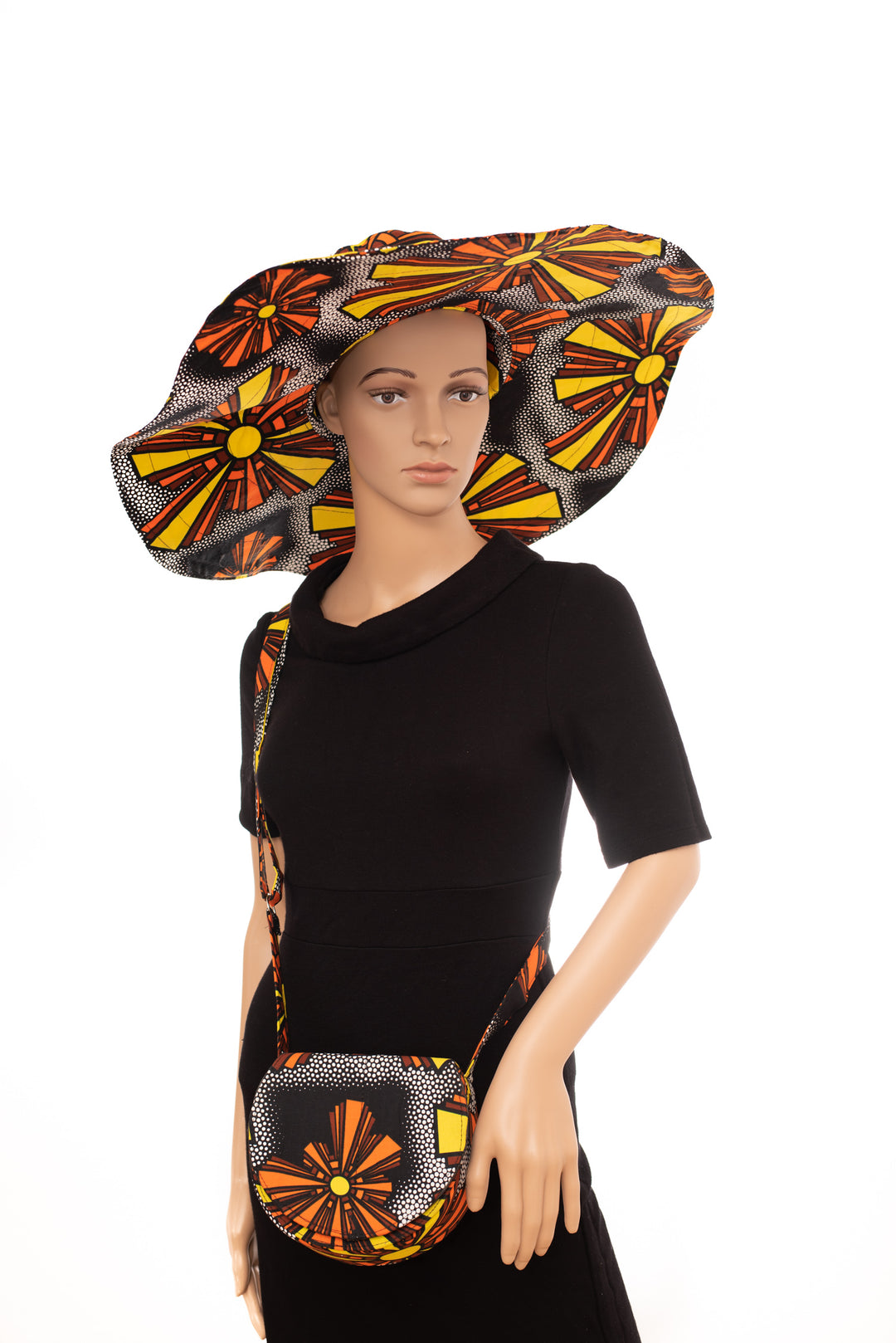 Women's Sun Protective Summer Hat Wide Brim with matching crossbody Bag Black/Yellow/Orange Colour