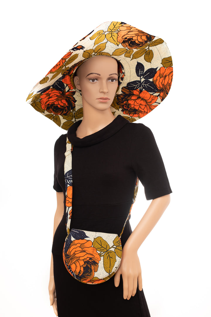 Women's Sun Protective Summer Hat Wide Brim with matching crossbody Bag Orange/Beige/Brown