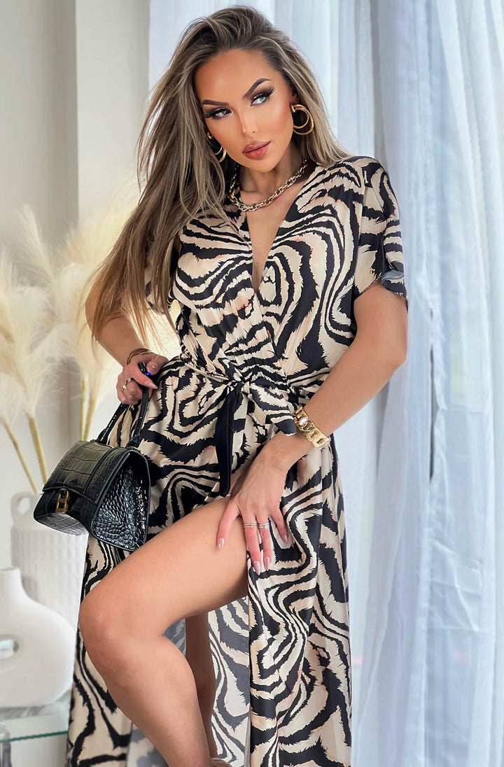 Long Women's Summer Maxi dress in tiger print beige/black 1