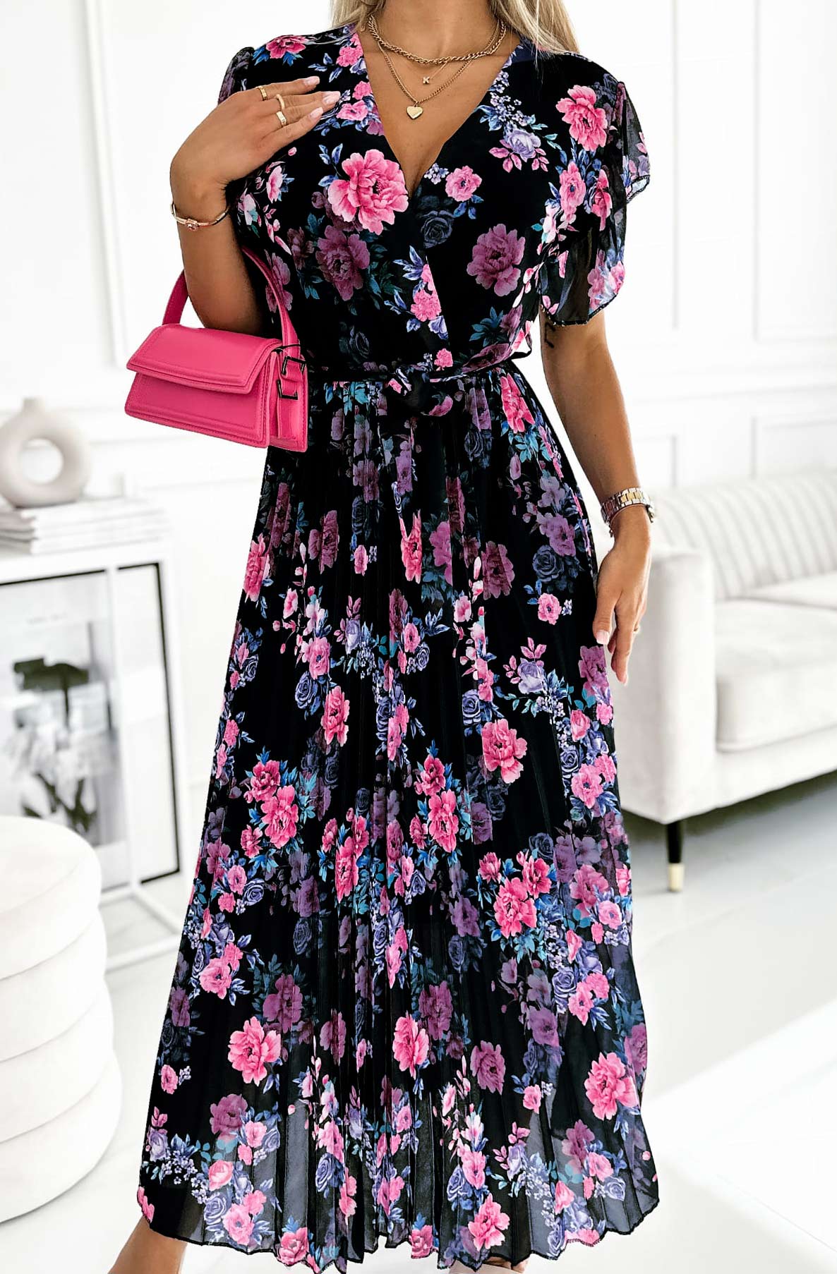 Long Women's Black with Pink/Blue Floral Pattern Chiffon Pleated Maxi  Dress- Azura