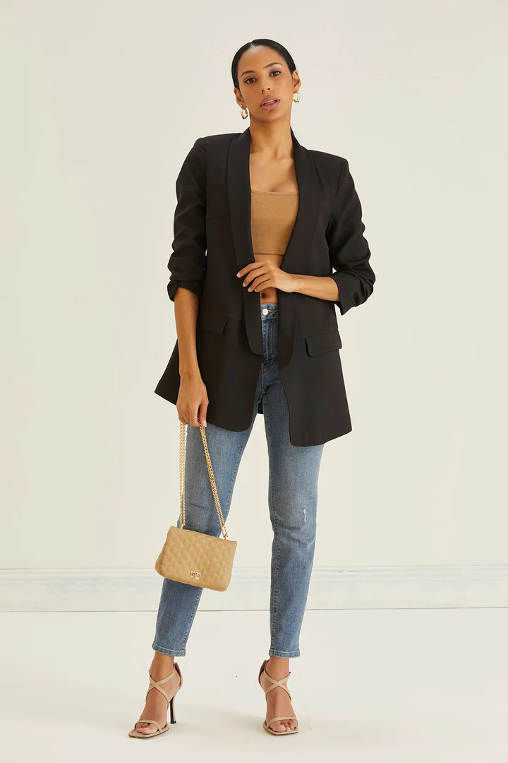 Women's Over Sized Ruched Sleeve Blazer in Black
